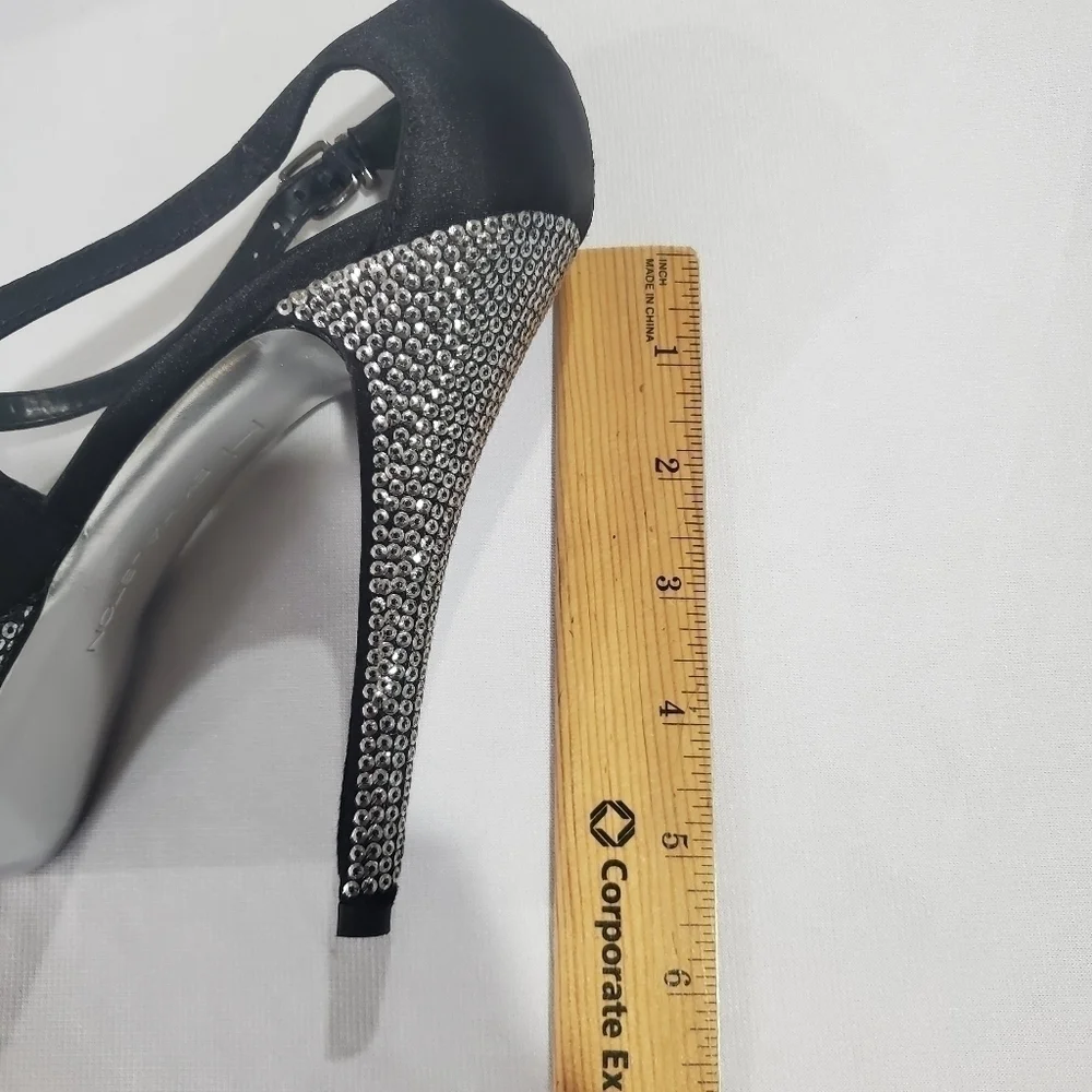 H by Halston Black Leather Rhinestone Platforms 7